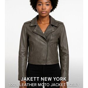 JAKETT NEW YORK Josey Cropped Leather Moto Jacket Grey Size Small